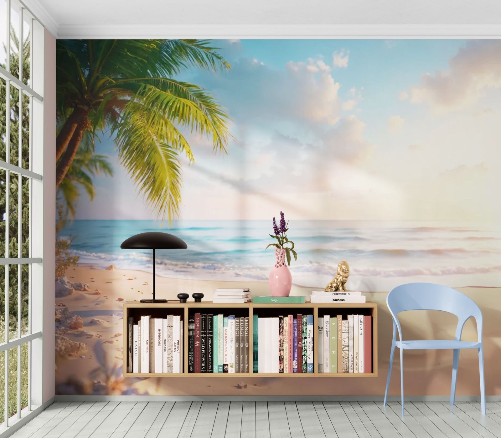 Papier Peint Plage - Aube Sable Blanc & Cocotiers