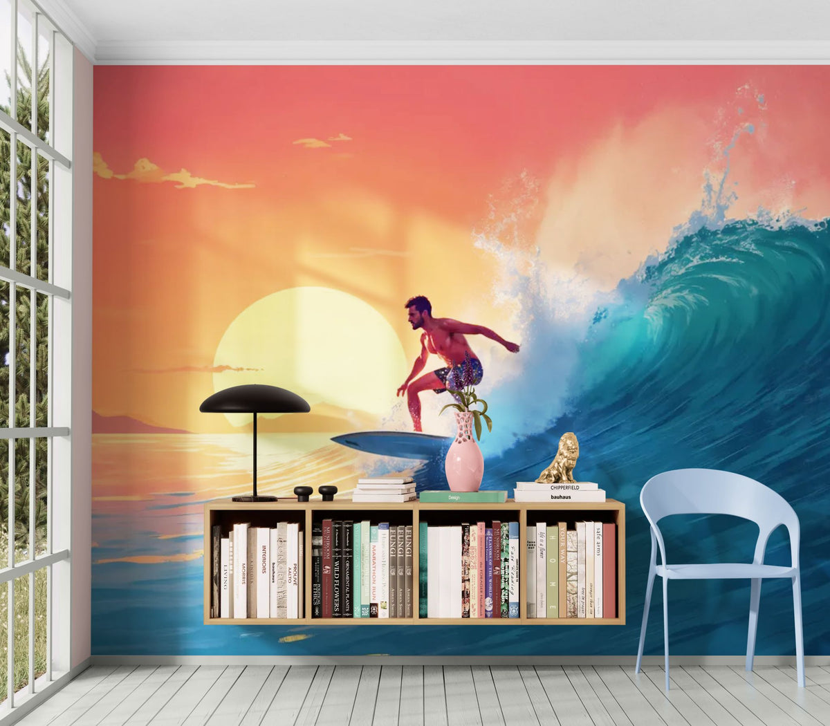 Surf-Tapete - Surfer auf einer Welle bei Sonnenuntergang