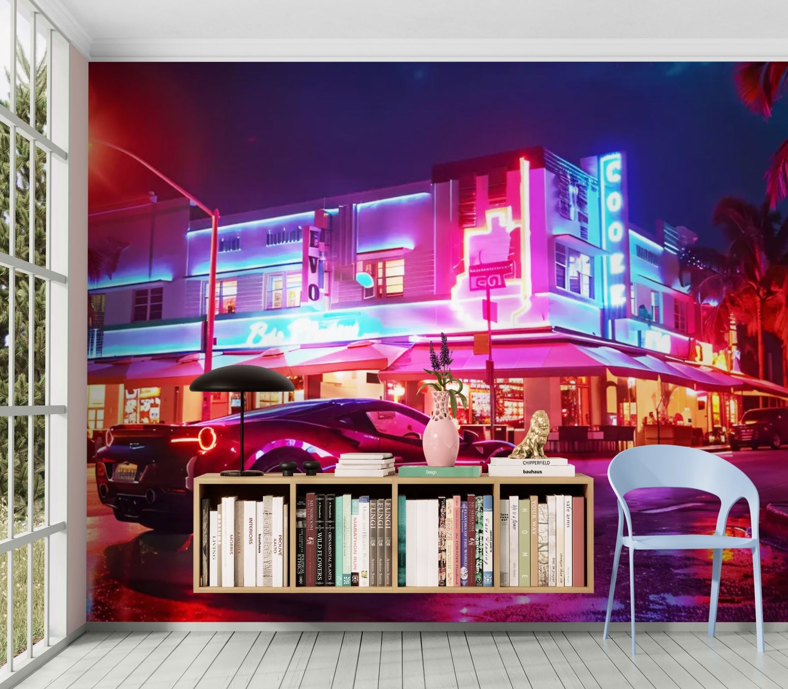 Papier Peint Miami - Supercar Néon Art Deco