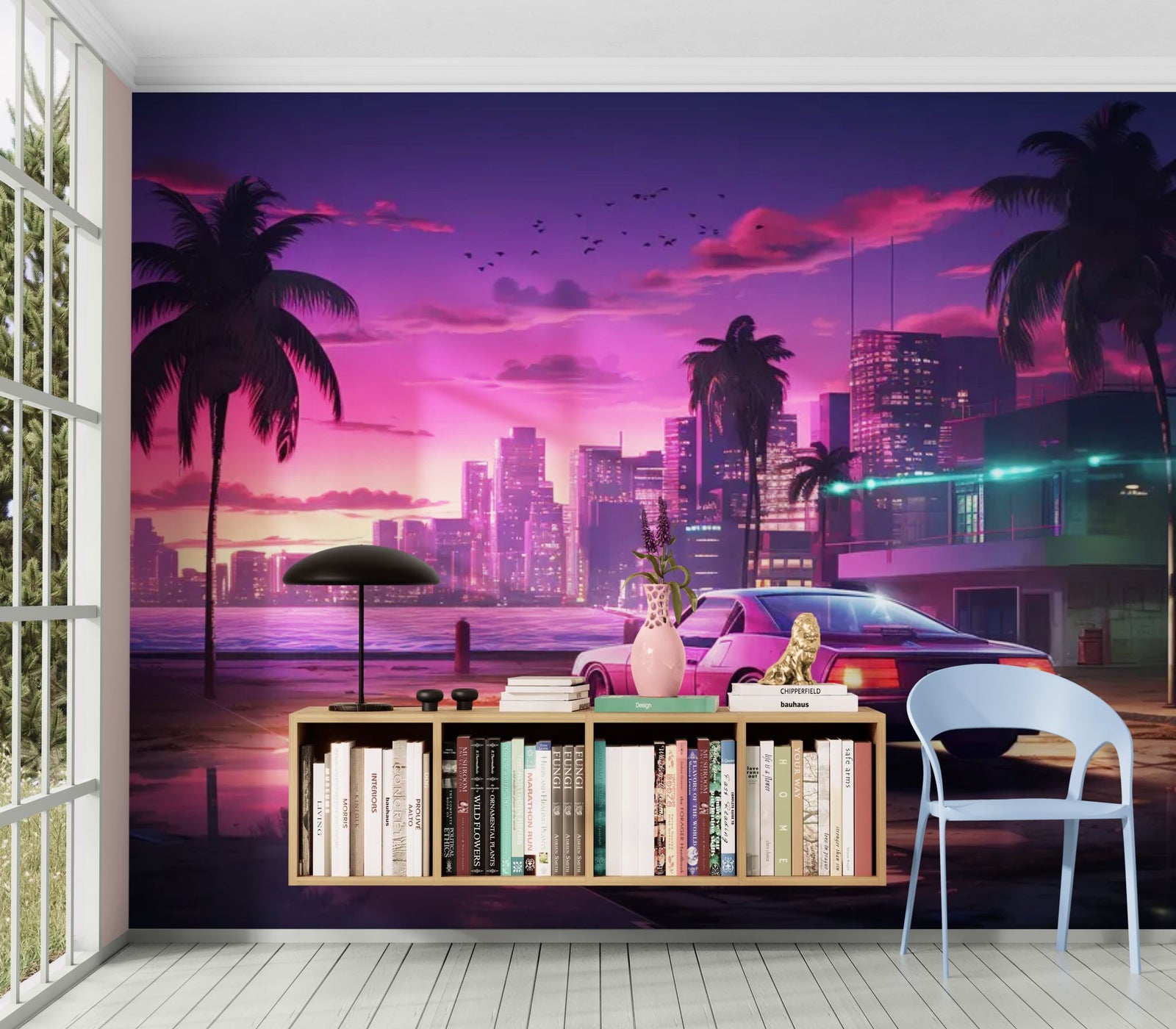 Papier Peint Ville Rétro - Voiture Néon Bord de Mer