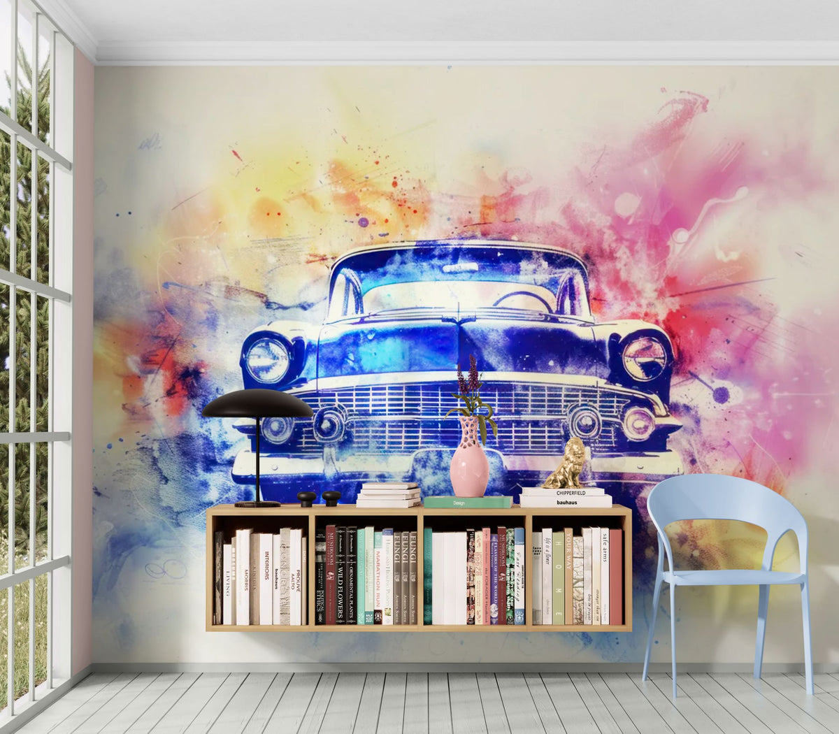 Papier peint voiture - Américaine bleue et couleurs vives
