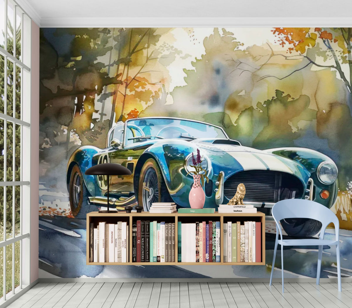 Papier peint voiture - Cabriolet bleu en forêt