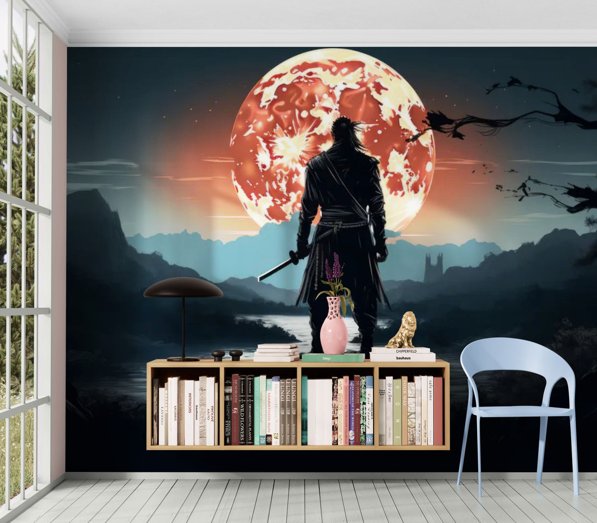 Papier peint samouraï - Guerrier face à la lune rouge
