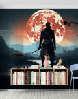 Papier Peint Samouraï - Guerrier face à la Lune Rouge