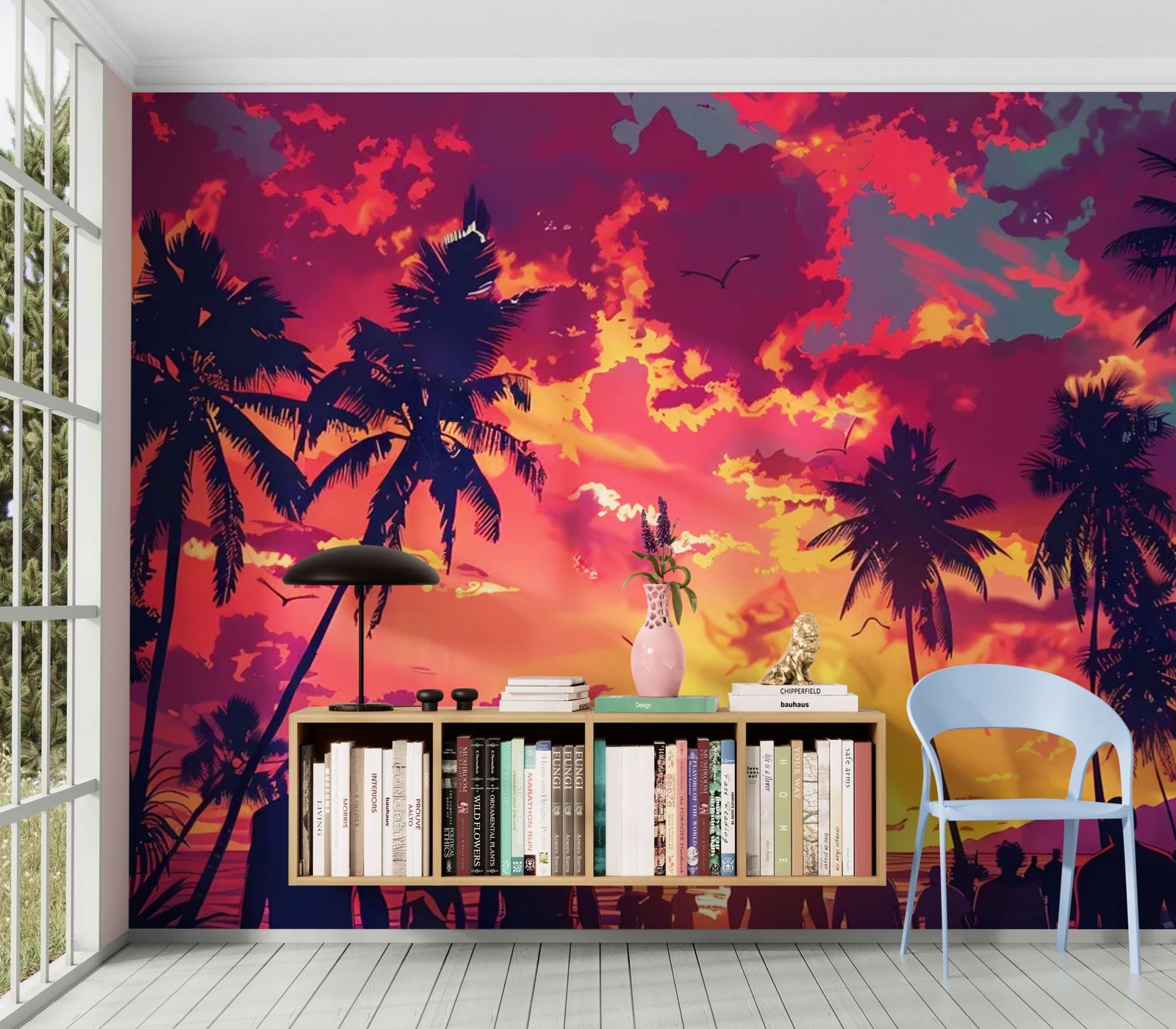 Papier Peint Pop Art Tropical - Sunset Palmiers Silhouettes