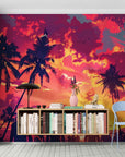 Papier Peint Pop Art Tropical - Sunset Palmiers Silhouettes
