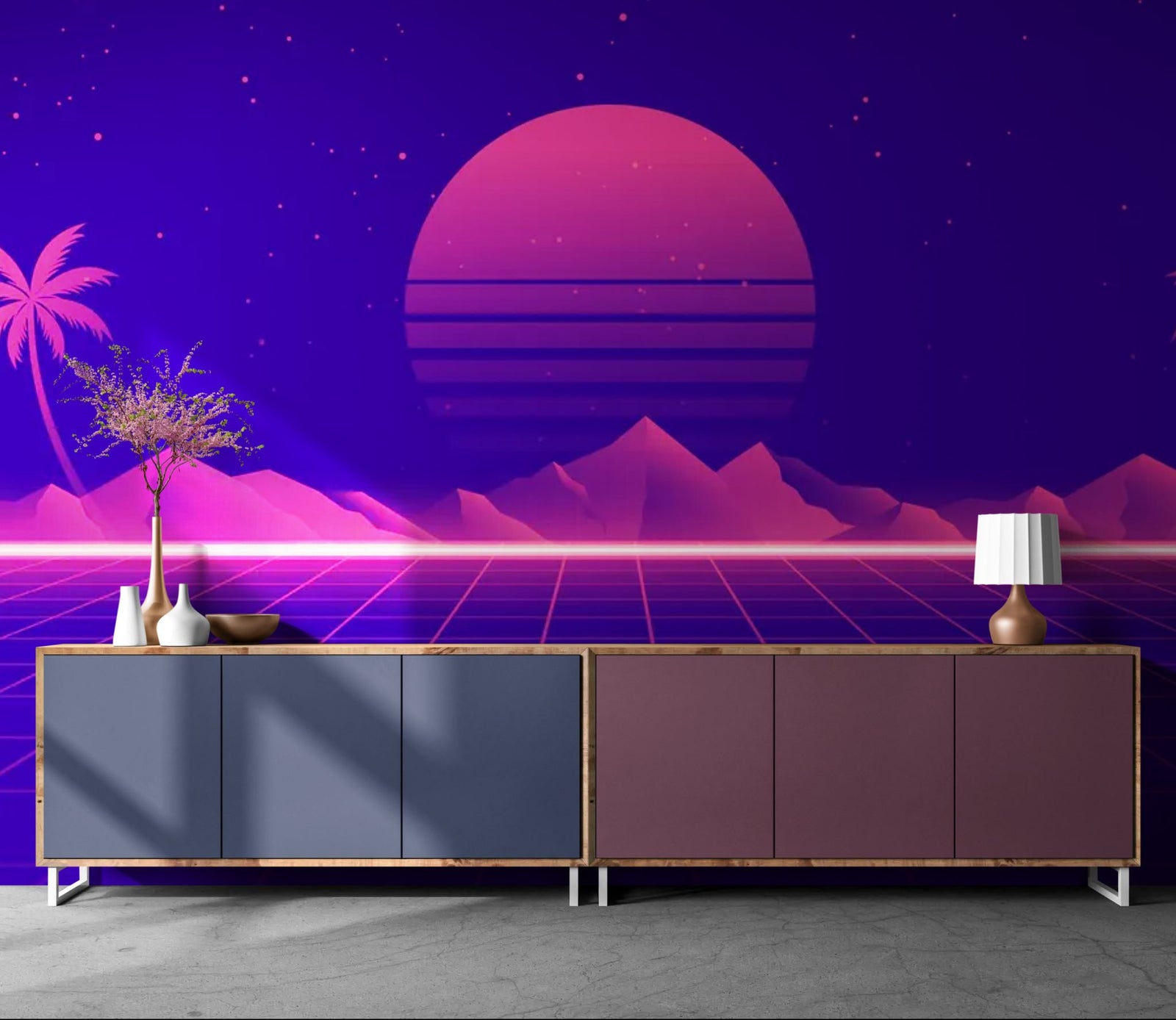 Papier peint rétro futuriste – paysage synthwave violet