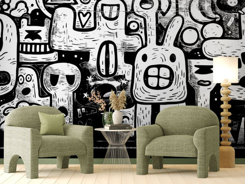 Papier peint noir et blanc – Fresque graphique design