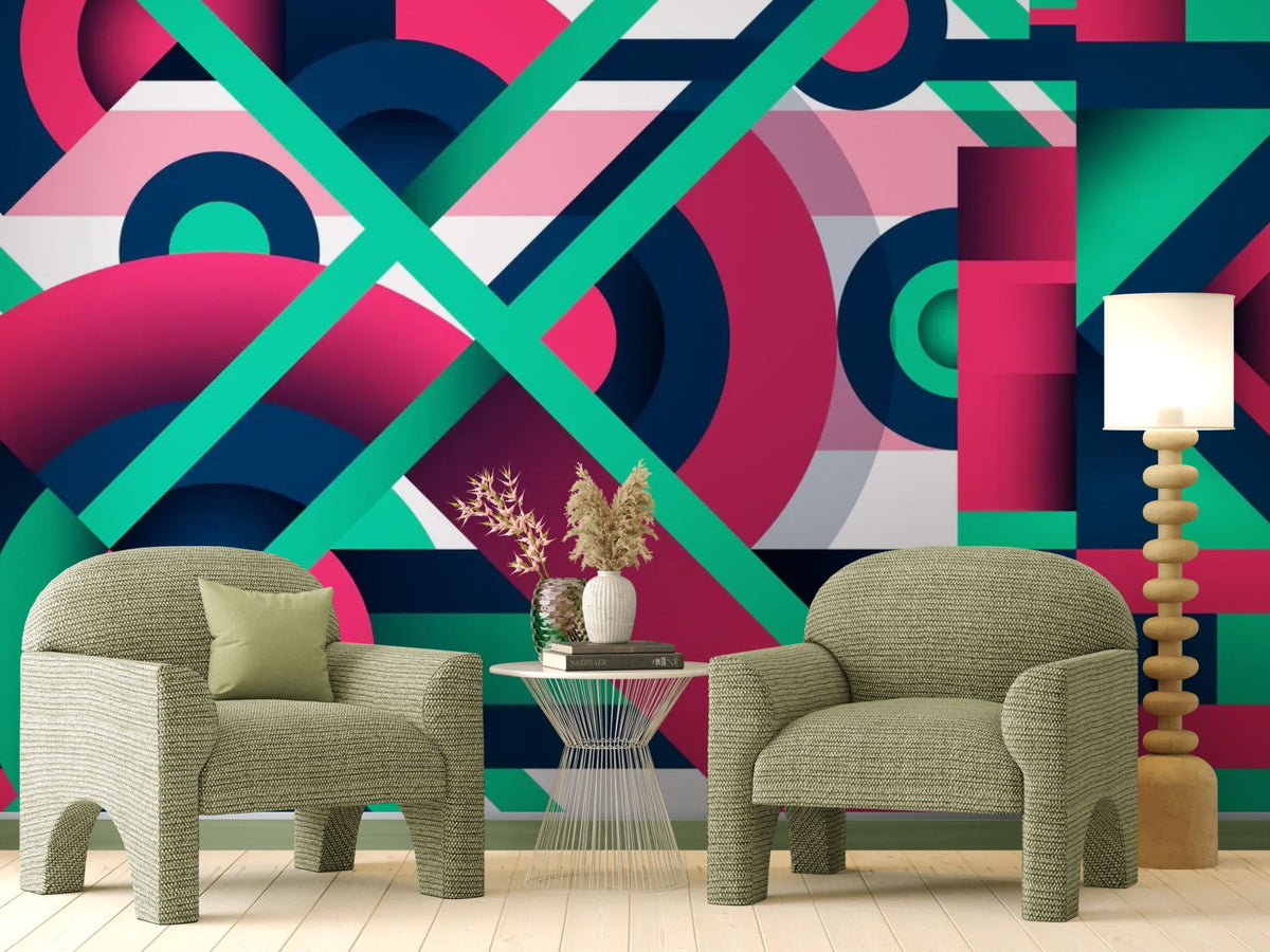Geometrische Tapete - Rosa, Grün und Blau