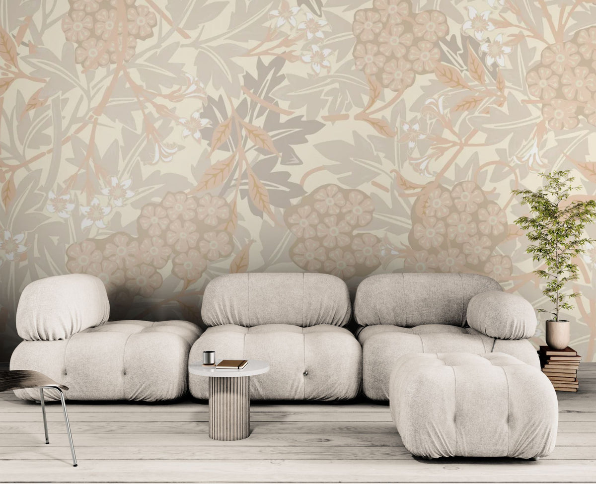 Florale Tapete - Beige Blumen auf cremefarbenem Grund