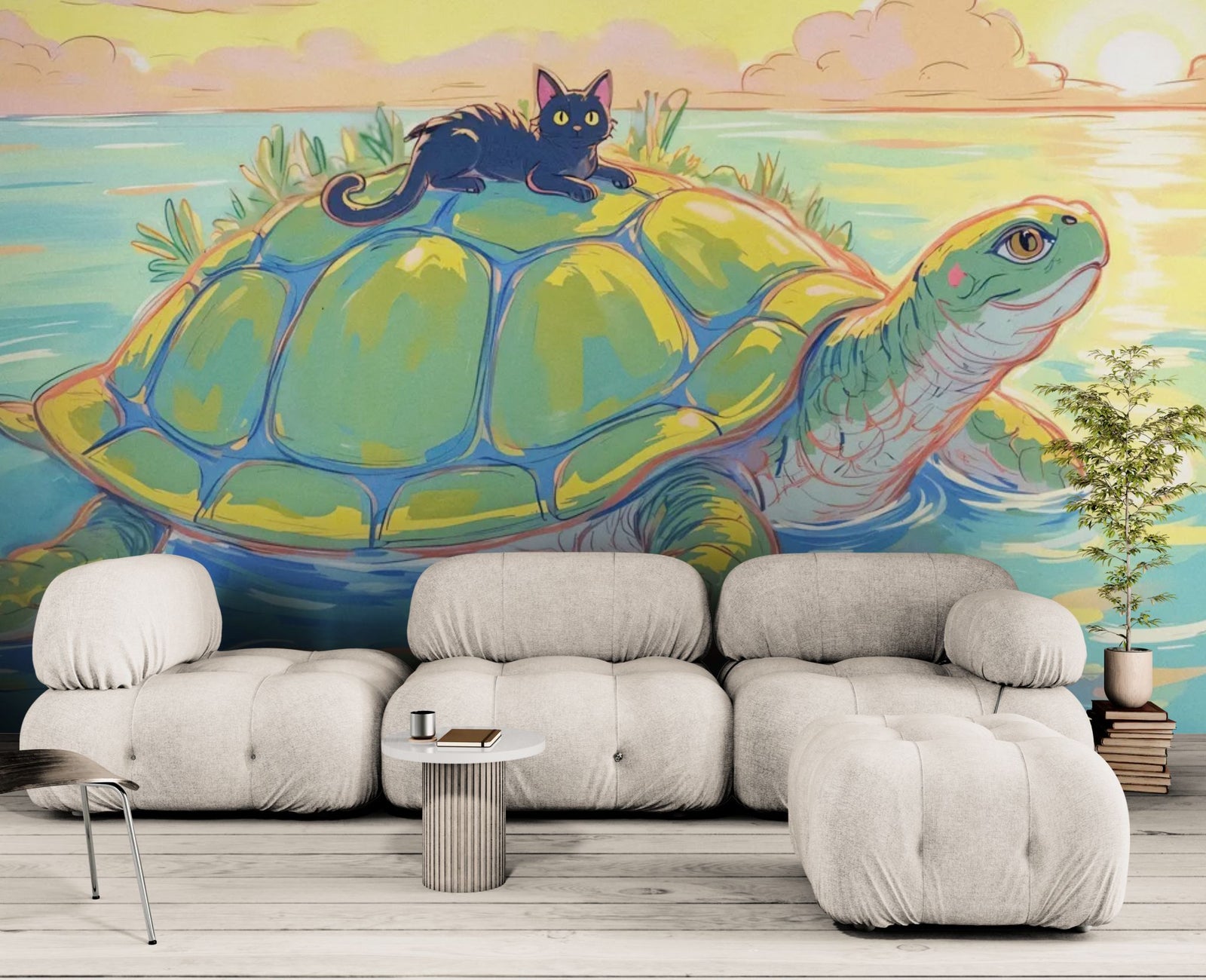 Fantasy Wallpaper – Black Cat on Sea Turtle