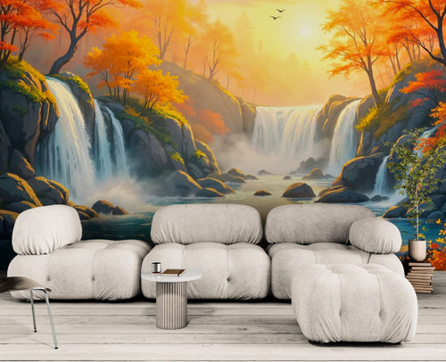 Papier peint Paysage – Cascades en forêt automnale dorée