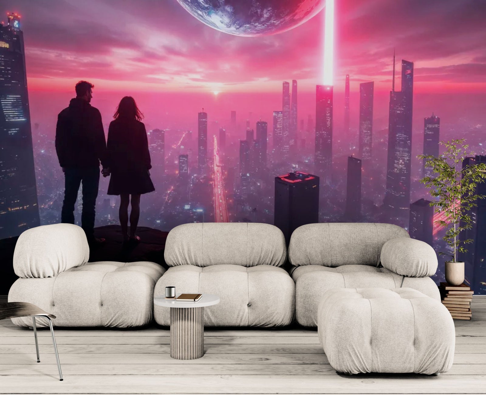 Science fiction wallpaper – Futuristic city with neon and red lasers