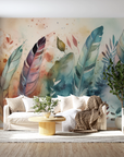 Papier peint boho - pluie de plumes légères aquarelle