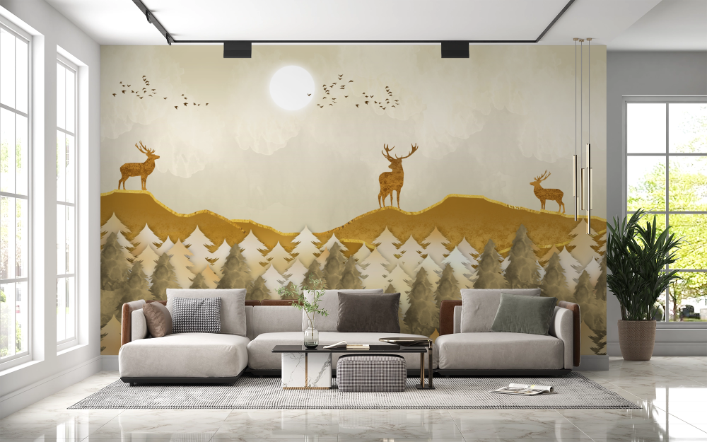 Papier peint animaux - cerfs dans la forêt dorée