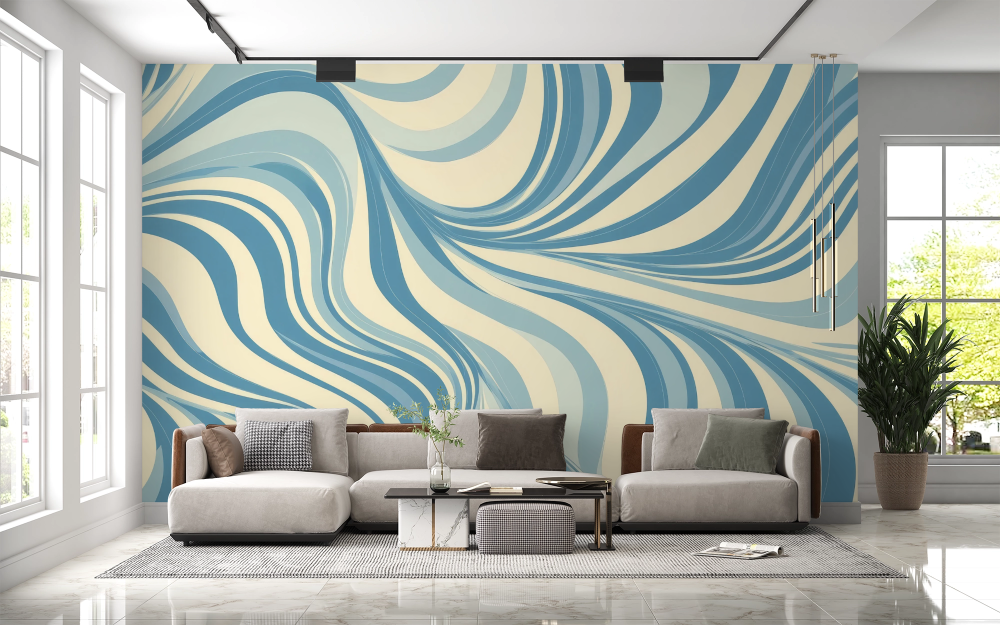Papier peint rétro - vagues abstraites bleu et crème