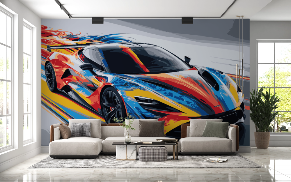 Papier peint voitures - voiture de course multicolore sur piste