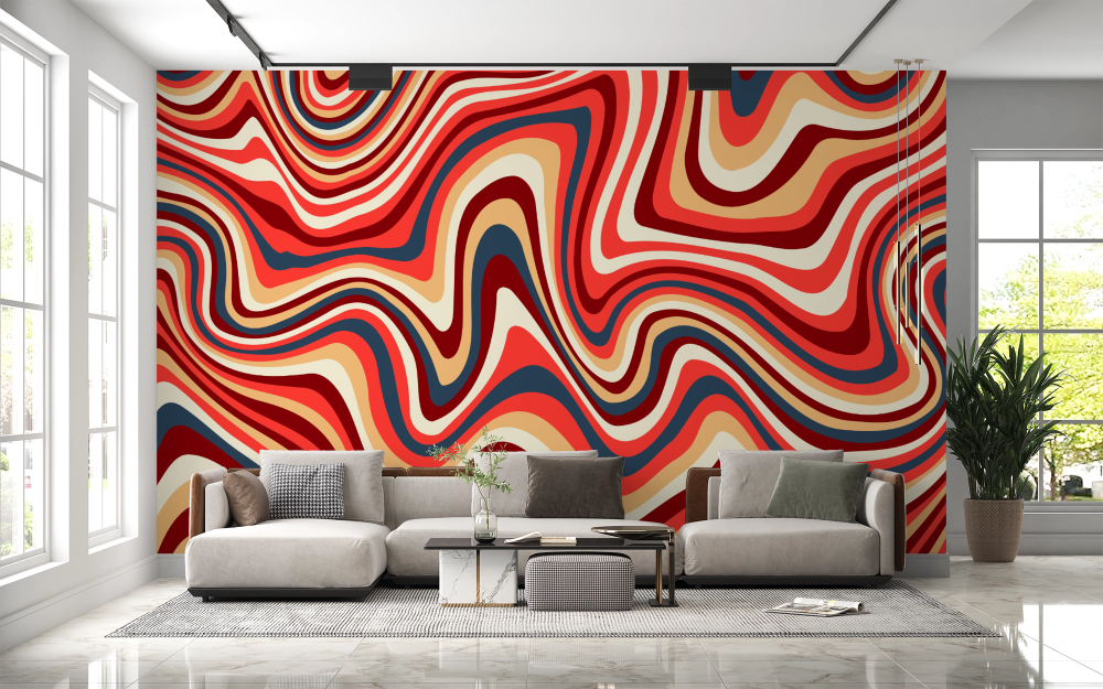 Papier peint rétro - lignes fluides psychédéliques rouges