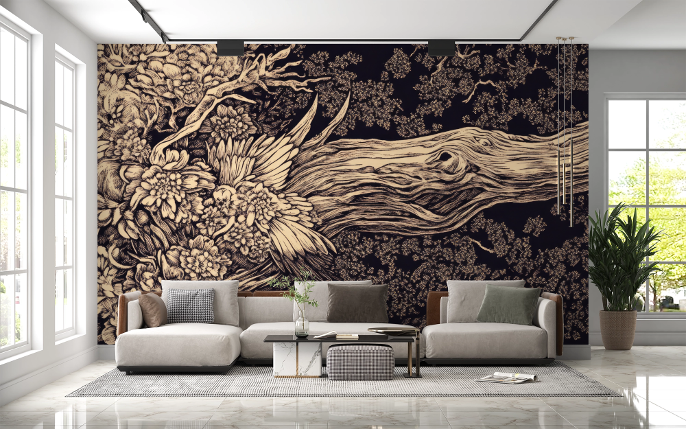 Papier peint nature - croquis de forêt et feuillage dense sombre