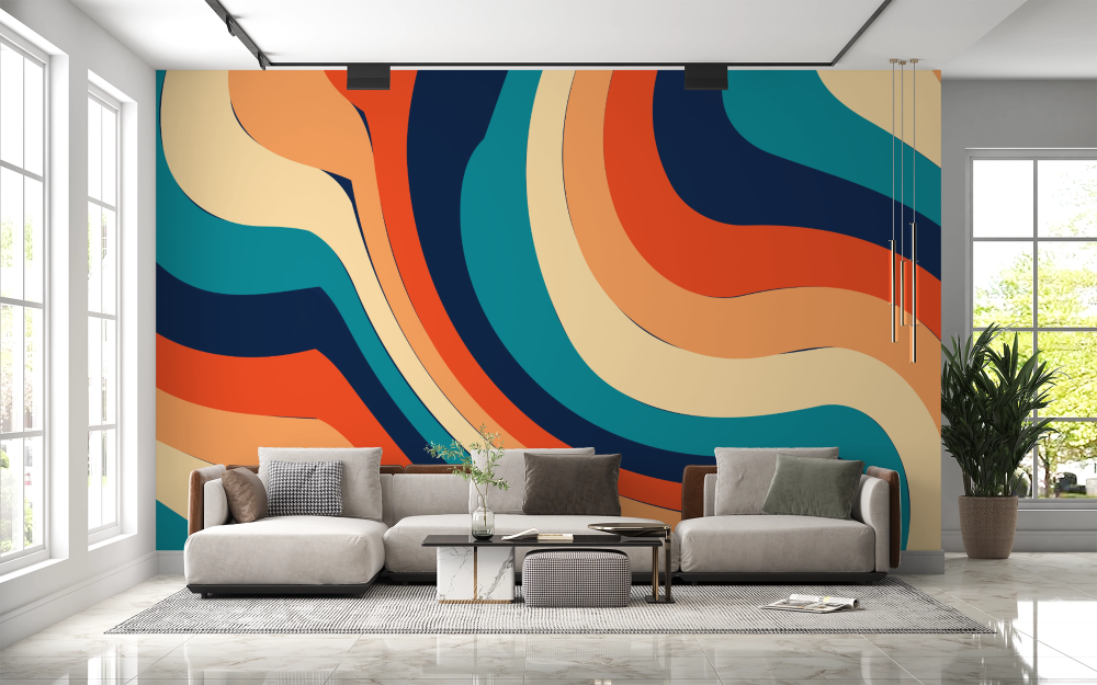 Papier peint rétro - larges ondulations orange et bleu