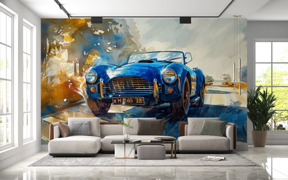 Papier peint voitures - cabriolet bleu vintage style aquarelle