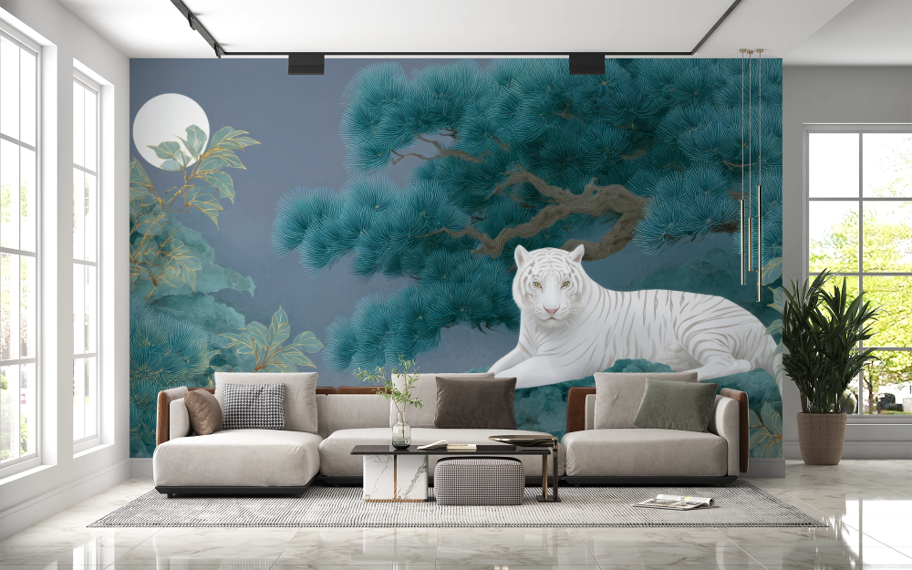 Papier peint animaux - tigre blanc couché dans une forêt de bambous bleus