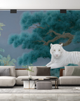 Papier peint animaux - tigre blanc couché dans une forêt de bambous bleus