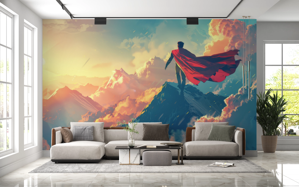 Papier peint pop art - super-héros au sommet de la montagne