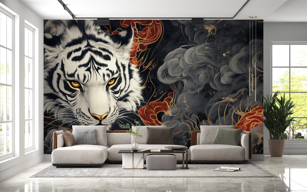 Papier peint animaux - tigre blanc entouré de vagues et de nuages sombres