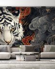 Papier peint animaux - tigre blanc entouré de vagues et de nuages sombres
