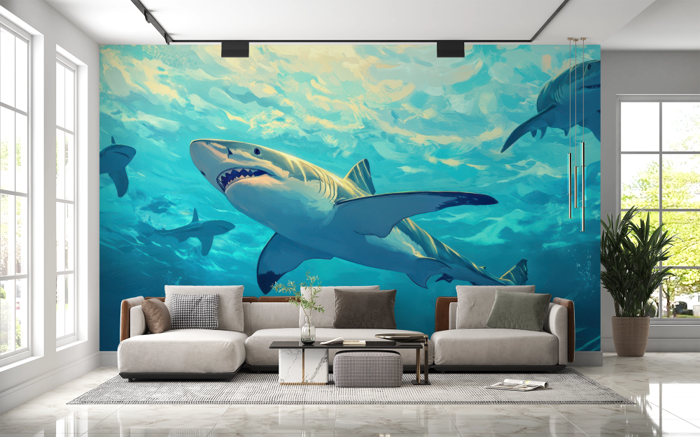 Papier peint animaux - requins bleus au cœur de l'océan