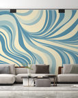 Papier peint rétro - vagues abstraites bleu et crème