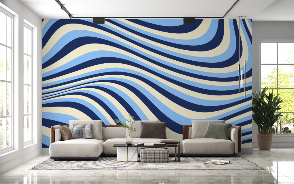 Papier peint rétro - lignes fluides bleu marine et blanc