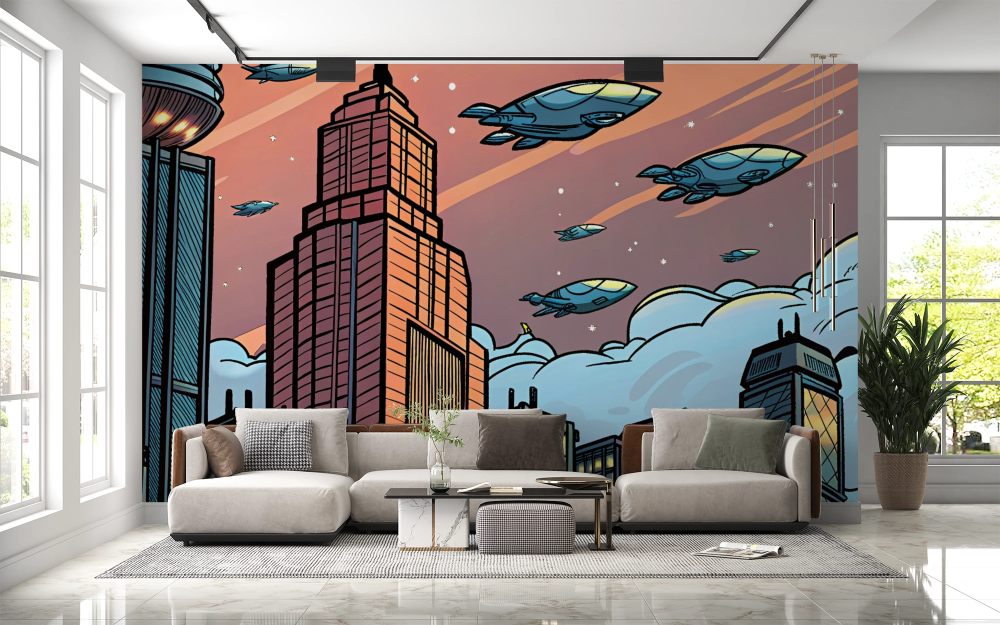 Papier peint pop art - ville futuriste et zeppelins