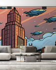 Papier peint pop art - ville futuriste et zeppelins