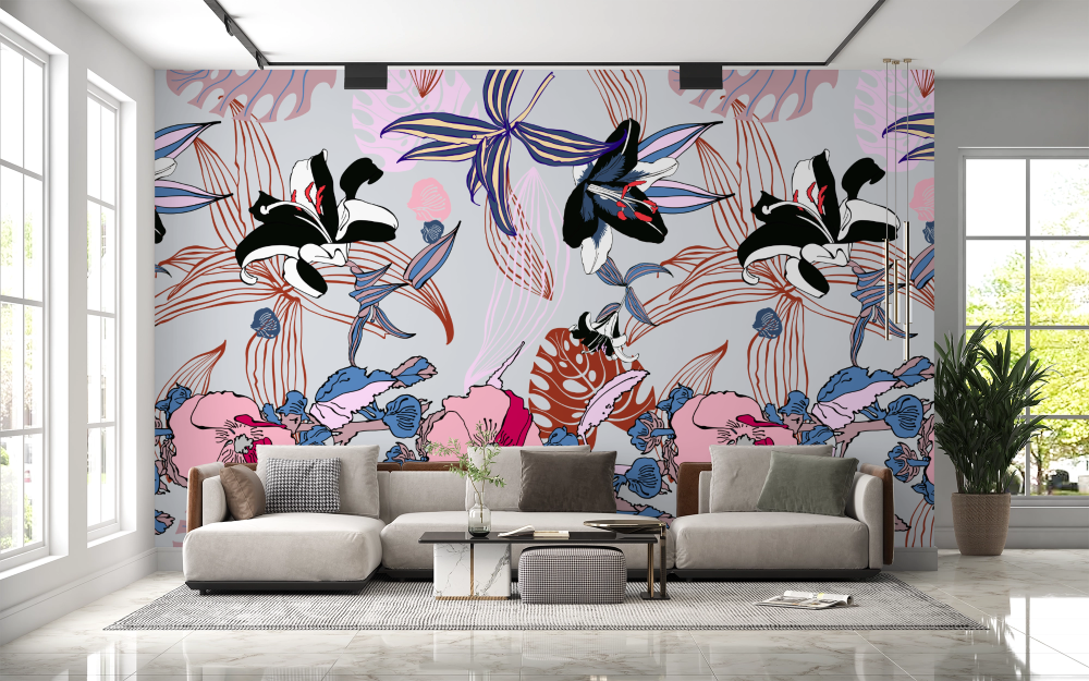 Papier peint nature - oiseaux et fleurs roses style estampe asiatique