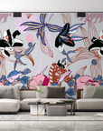Papier peint nature - oiseaux et fleurs roses style estampe asiatique