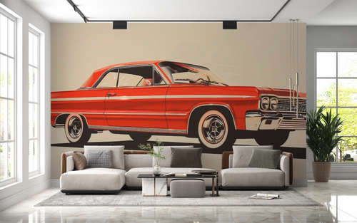 Red classic coupé car wallpaper on a cream background