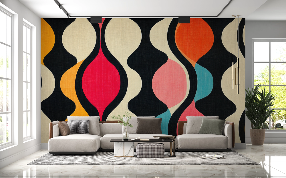 Papier peint rétro - vagues géométriques multicolores