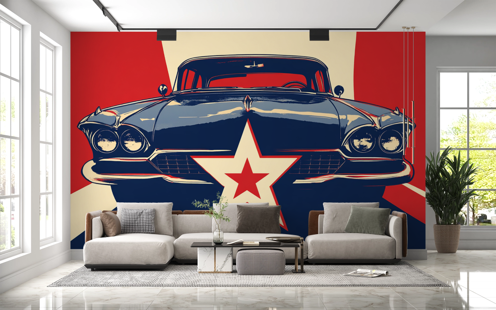 Papier peint voitures - voiture ancienne sur fond rouge et blanc