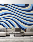 Papier peint rétro - lignes fluides bleu marine et blanc