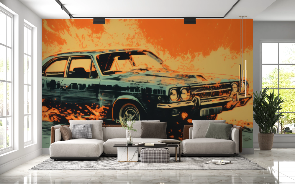 Papier peint voitures - voiture rétro américaine sur fond orange