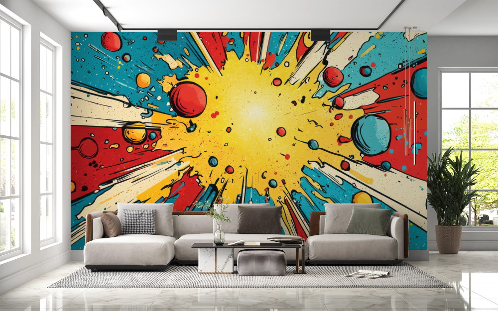 Papier peint pop art - explosion d'encre jaune et bleue