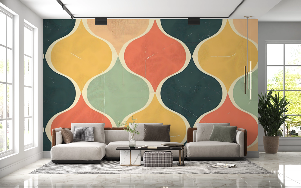 Papier peint rétro - vagues art déco orange et vertes