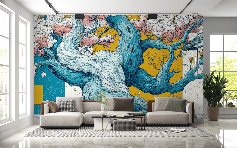 Papier peint nature - arbre bleu abstrait et fleurs de cerisier