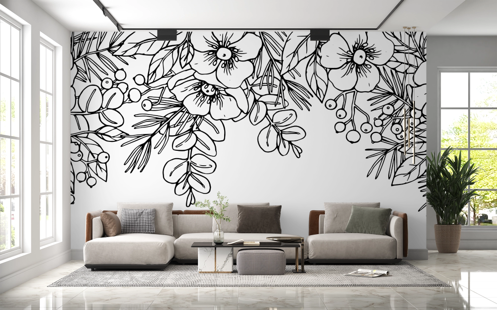 Papier peint nature - frise de fleurs sauvages dessinées