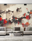 Papier peint animaux - petits chats blancs et fleurs rouges