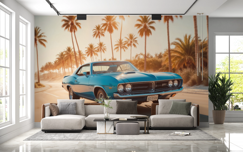 Wallpaper cars - vintage blue convertible under palm trees
