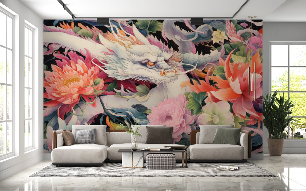 Papier peint animaux - dragon blanc au milieu de fleurs roses