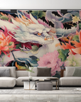 Papier peint animaux - dragon blanc au milieu de fleurs roses